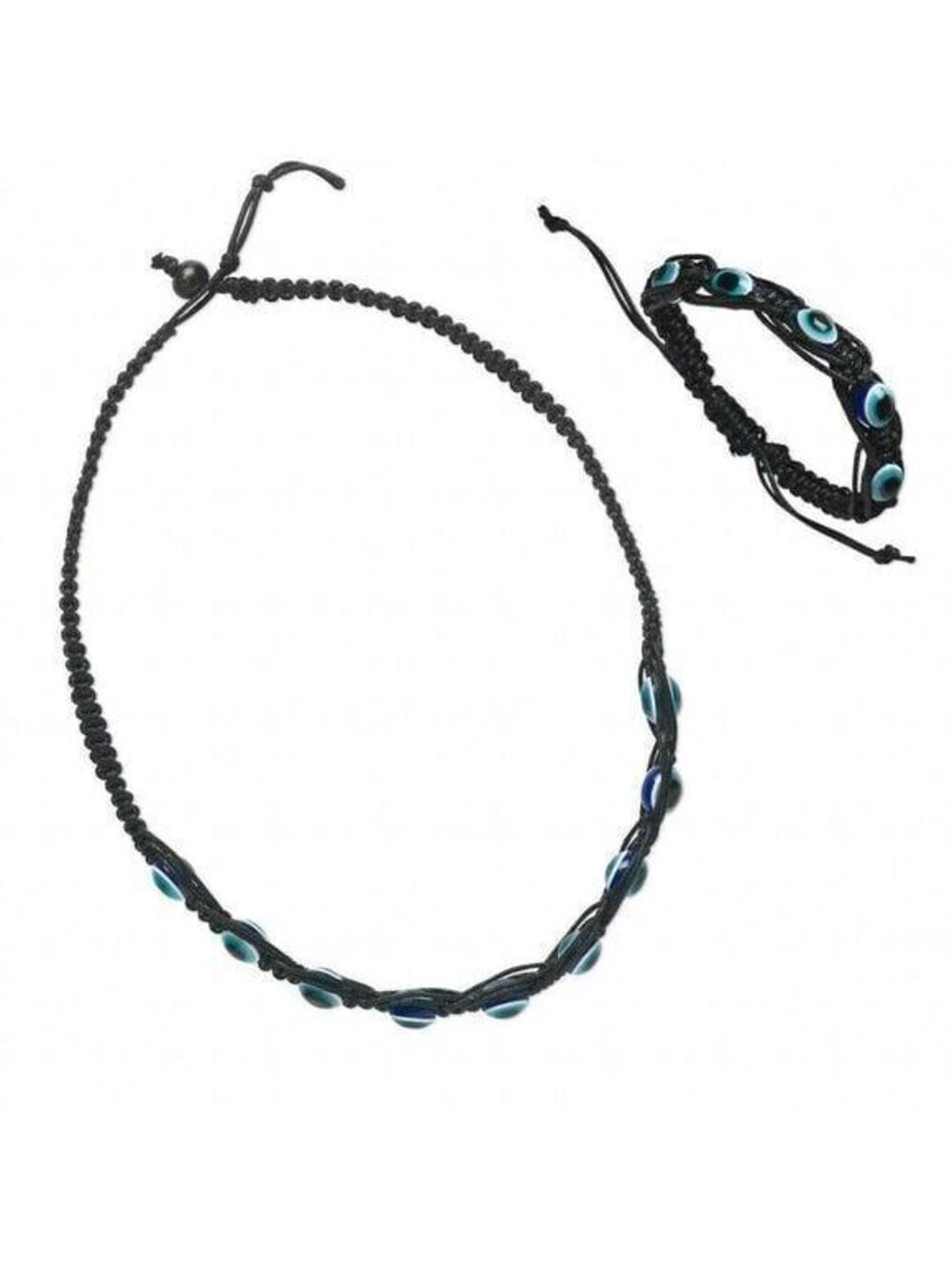 Black Blue Evil Eye Protection Talisman Macrame Necklace Bracelet Jewelry Set